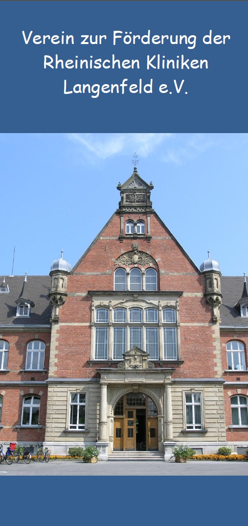 Verwaltungsgebäude der LVR-Klinik Langenfeld mit der Aufschrift Verein zur Förderung der Rheinischen Kliniken Langenfeld e.V.